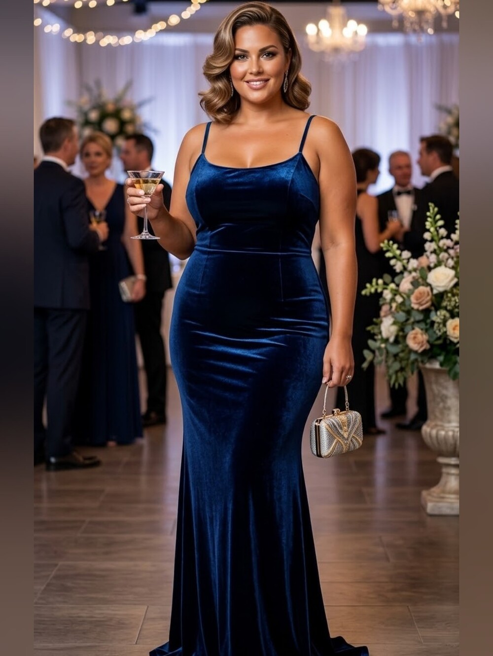 Robe longue en velours bleu minuit à fines bretelles – Chic & Élégante